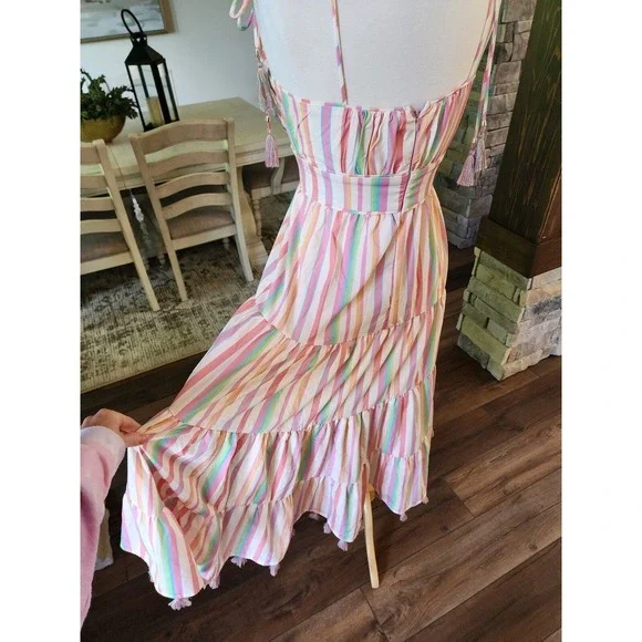 ChicWish Rainbow Pastel Striped Multicolor Maxi with Tassels Dress Boho Size M - Picture 8 of 10